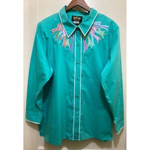 Bob Mackie Wearable‎ Art Women's 3X Button Down Top Green Ribbon Graphic